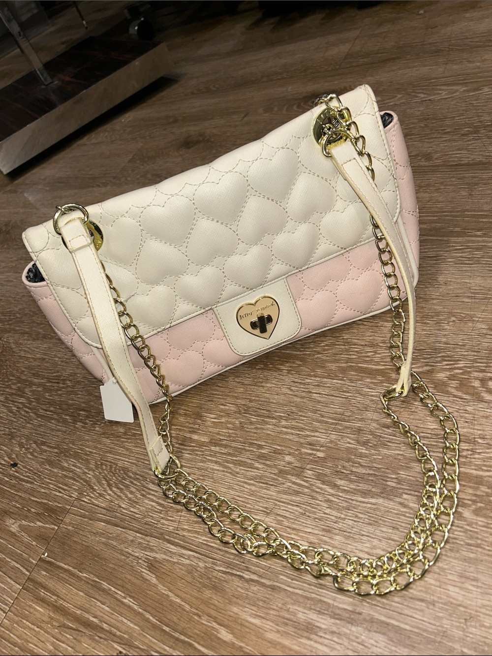 Betsey Johnson Cream and Pink Heart-Quilted Shoulder Bag with Gold Chain